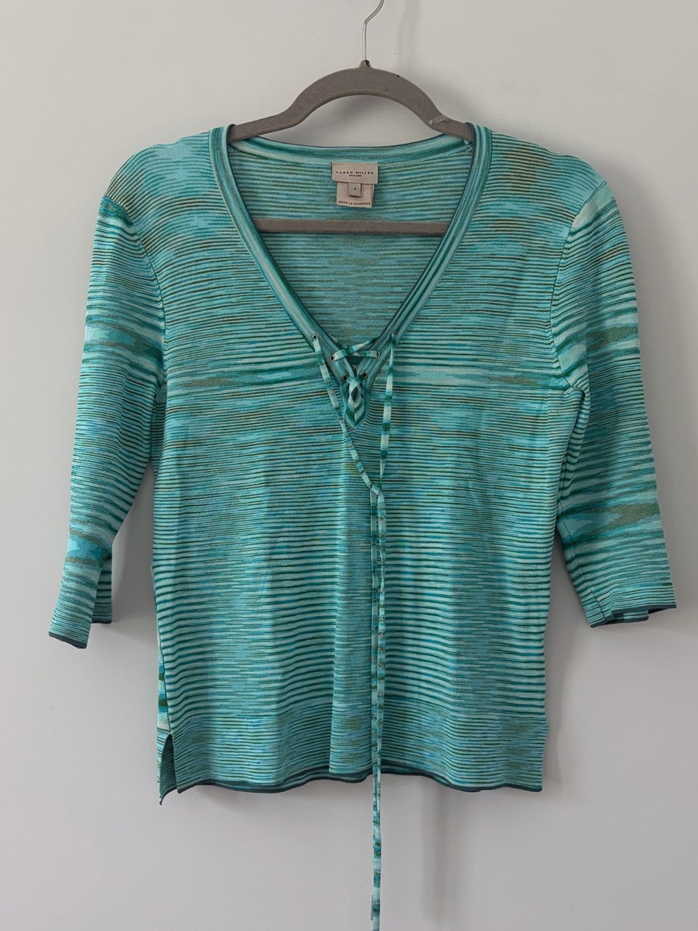 Karen Millen Green Blue Lace Up V Neck Elbow Length Viscose Knit Casual Top 3/ L